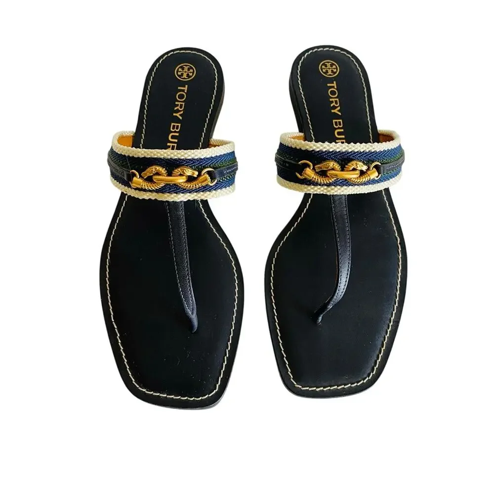 Tory Burch Jessa‎ Navy Leather Thong Sandals Dragon Chain Stripe Webbing 9.5